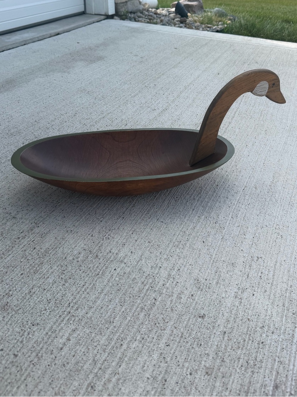 Wooden duck / Swan Bowl with Green Rim decor